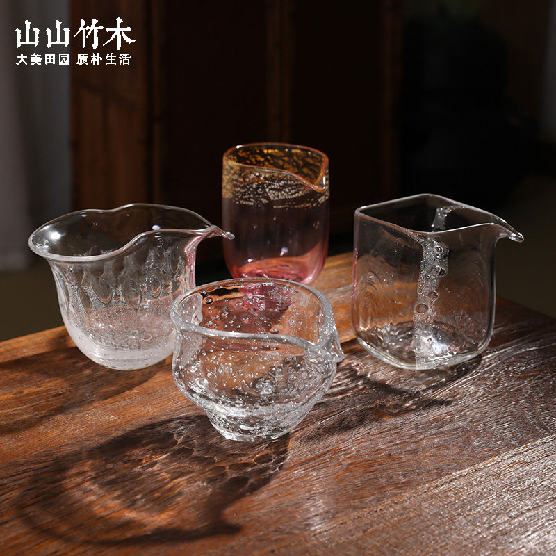 饴山气泡琉璃公道杯四方独特侘寂风茶道纯手工茶具配件玻璃分茶器