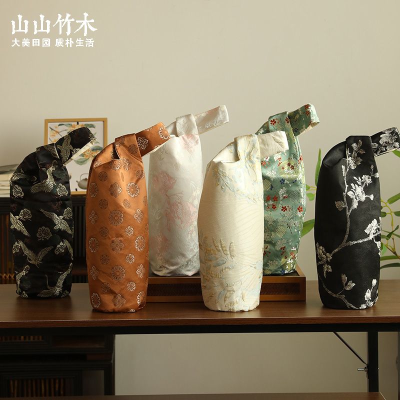 山山竹木锦缎保温杯袋杯套小拎包水杯收纳袋杯袋子手提水壶套保护