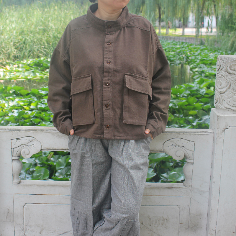 春秋短款纯色带兜长袖夹克棉麻亚麻外套文艺大码宽松女装上衣213