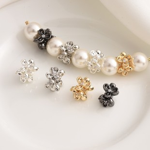 保色14K包金镶锆花朵隔珠手工diy珍珠手链项链串珠电镀银首饰配件