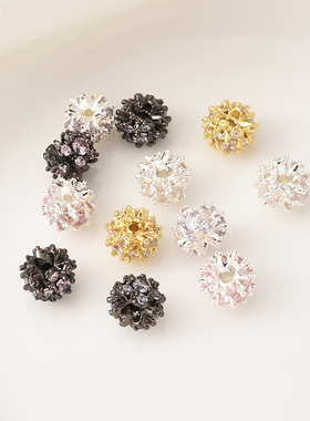 铜镀厚银镶粉锆保色梅花隔珠手工diy珍珠手链项链枪黑色串珠材料