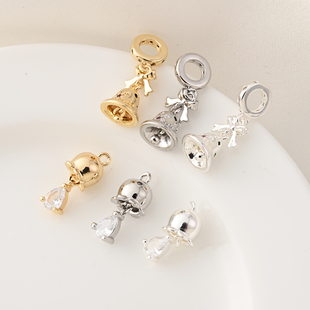 14K包金镶锆石铃铛蝴蝶结流苏挂件手工diy手链电镀白金银色吊饰