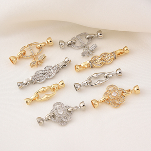 铜镀18K真金镶T方锆石子母扣手工diy珍珠手链项链白金收尾连接扣