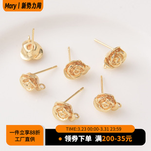 14K包金玫瑰花带吊耳钉手工diy耳饰配件925纯银耳针花朵耳环材料
