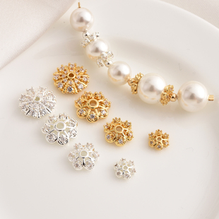 高保铜镀18K金镶锆石花托手工diy手链电镀厚银珠托镂空花帽隔珠