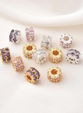 14K包金镶双排锆石隔珠手工diy手链手串电镀银色大孔粉锆隔片配件