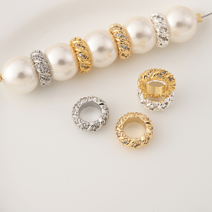 高保铜镀18K金镶锆石大孔斜纹隔珠手工diy电镀白金银车轮珠跑环