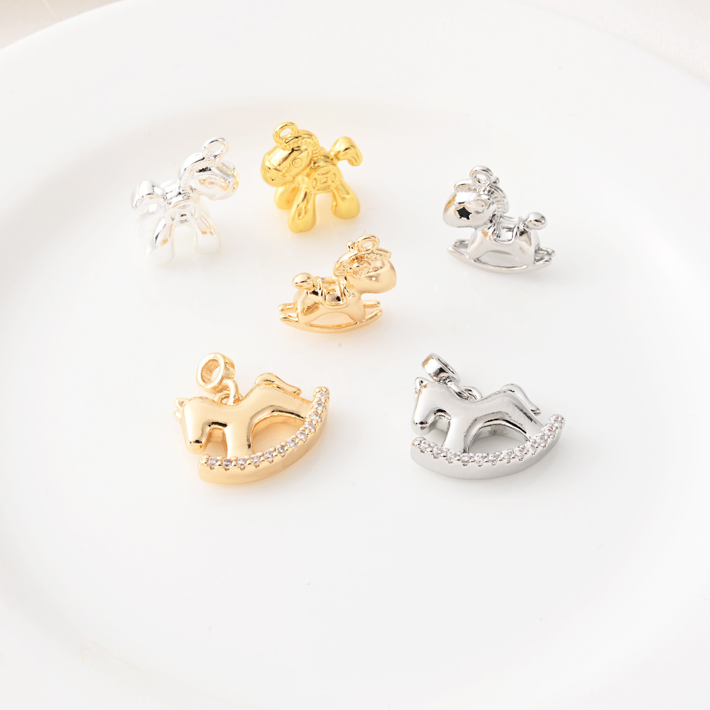 14K包金镶锆石木马吊坠手工diy马年生肖项链项坠吊饰手链银小挂件