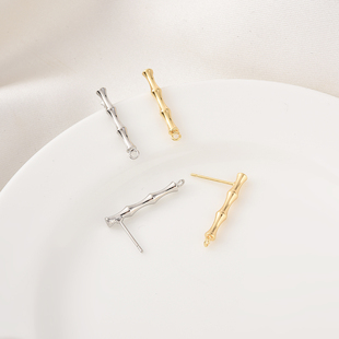 14K包金保色竹节带吊环耳钉手工diy耳环耳饰配件纯银耳针可挂吊饰