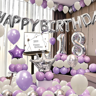 18岁生日快乐仪式感小女孩家里儿童女童场景布置装饰白银紫色气球
