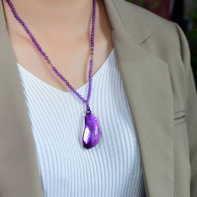 天然紫水晶茄子吊坠项链  天然水晶紫水晶