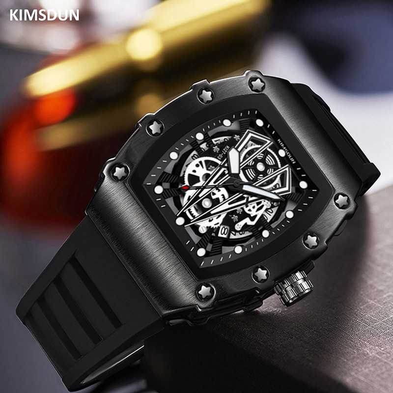 kimsdum时尚百搭男士石英表防水夜光日历腕表酒桶形硅胶运动表带