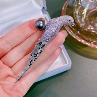 西班牙小众Alegria精致镶钻斑鸠造型10mm天然大溪地黑珍珠胸针 女