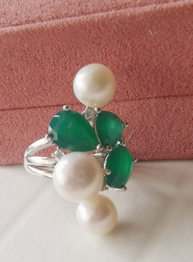 意大利设计师奢华天然红绿玛瑙托帕石925银极光淡水珍珠戒指耳环