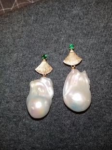 西班牙波西米亚人祖母绿镶钻小扇子天然极光巴洛克珍珠吊坠耳环