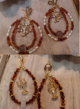 西班牙波西米亚人复古美拉德色芬达石榴石琥珀天然珍珠圈圈耳环