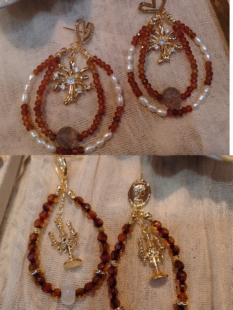 西班牙波西米亚人复古美拉德色芬达石榴石琥珀天然珍珠圈圈耳环