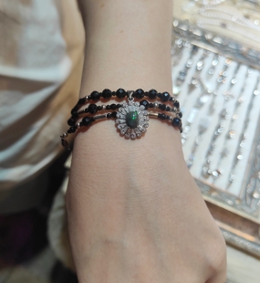 西班牙风情波西米亚人天然黑尖晶绿欧泊镶钻吊坠项链手链两戴