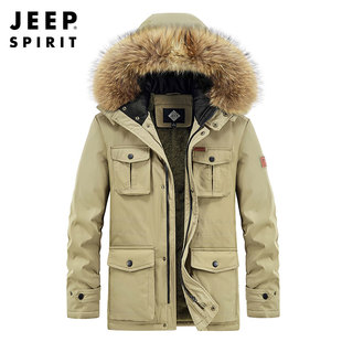 JEEP官方舰店男装冬装羊羔绒外套棉服中长款加厚工装多口袋棉衣