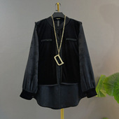 时尚 宽松打底雪纺衫 大码 显瘦中长款 假两件拼接遮肉衬衫 欧洲站新款