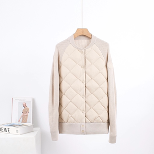 针织拼接菱格轻羽绒服灰色女秋冬羽绒外套24079