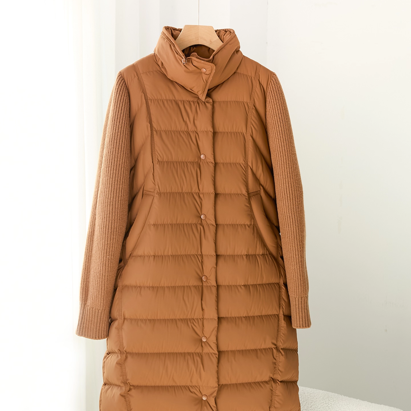 韩风长款排骨羽绒服女针织拼接袖