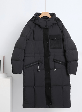 加厚款连帽羽绒服女中长款黑色多口袋保暖外套御寒抗冷24153