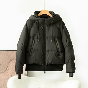 黑色连帽抽绳短款羽绒服女宽松保暖白鸭绒面包服外套1128
