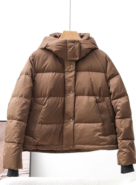 轻盈保暖深棕色可拆卸帽子短款鹅绒服女冬季连帽面包服外套V99401
