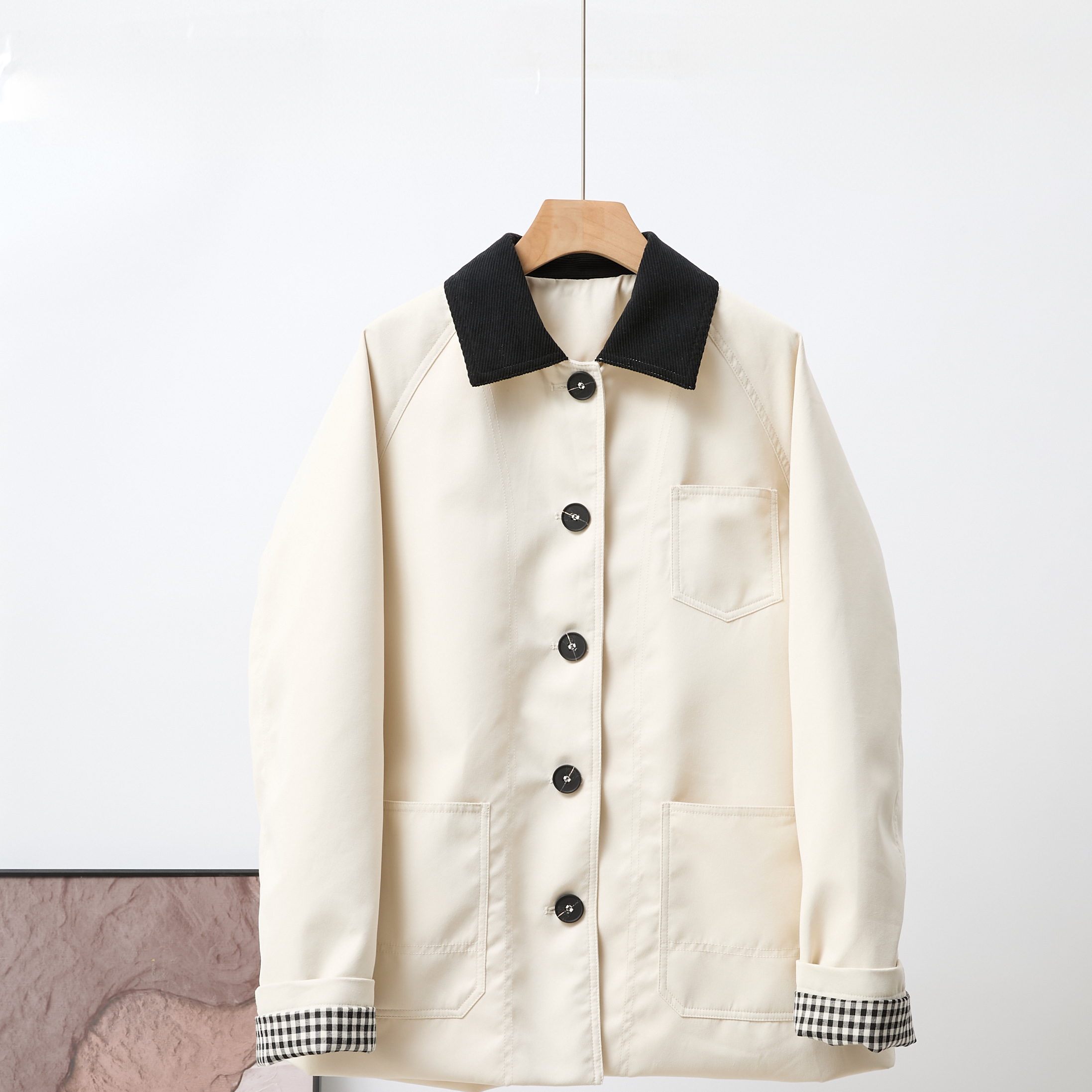 英伦风格子工装拼接款格纹中长款