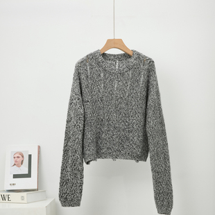 花纱针织羊绒衫女灰色圆领短款宽松百搭毛衣灰白色25121614