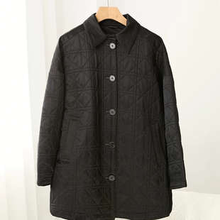 黑色小众韩版 百搭翻领菱格纹棉服女宽松桑蚕丝棉衣外套66088