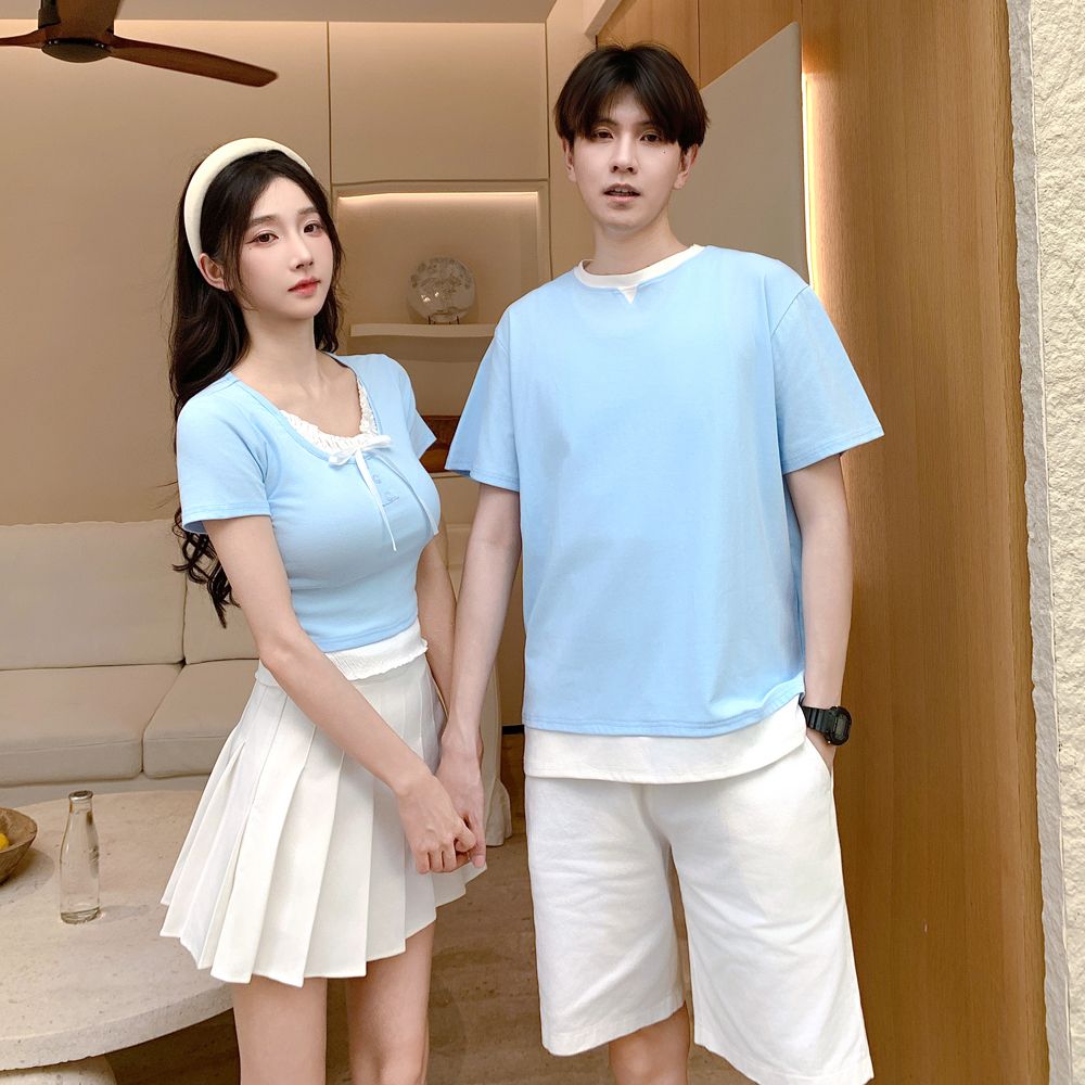 情侣装一长一短小众2025新款夏季ins超火纯欲风假两件短袖男女t恤