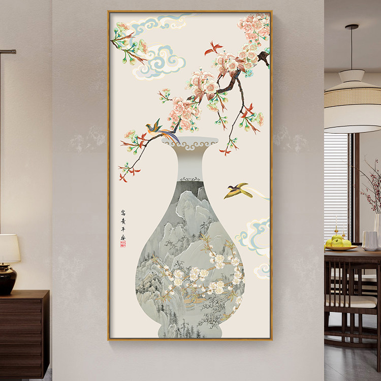 新中式花鸟玄关装饰画客厅入户竖版走廊过道挂画平安富贵高档壁画