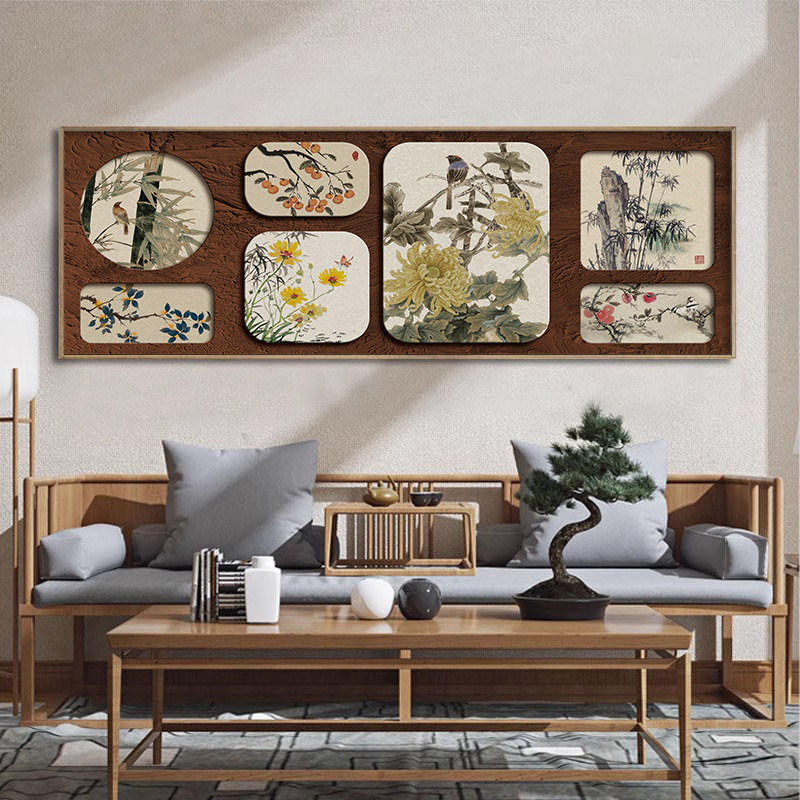 中古风花鸟客厅装饰画法式复古风沙发背景墙挂画卧室床头横版壁画