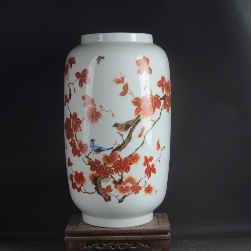古玩古董瓷枫叶花鸟纹大书画缸箭筒摆件家居装饰摆件仿古瓷器