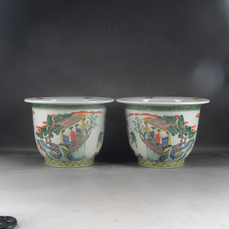 清康熙古彩人物纹花盆一对古玩古董收藏仿古瓷器花钵摆件古玩收藏