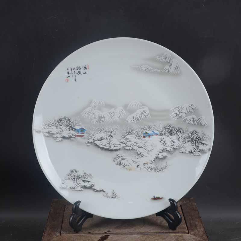 景德镇仿古瓷器雪景溪山访友图赏装饰坐盘/挂盘