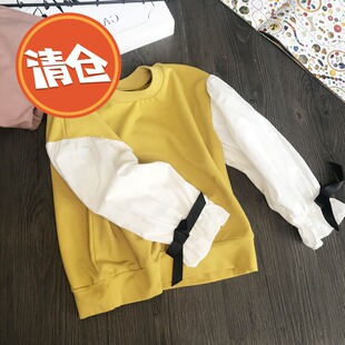 韩版洋气 春秋女童拼接袖卫衣 宝宝全棉T恤泡泡袖宽松上衣衬衫