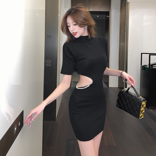 Real shot sexy hot girl waist open knit dress French style niche slim temperament hip wrapped small black skirt woman