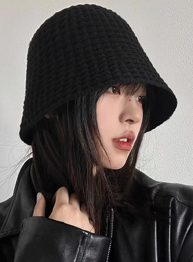 日系格纹冬季针织渔夫帽 黑色显脸小 水桶帽纯黑色女帽盆帽潮