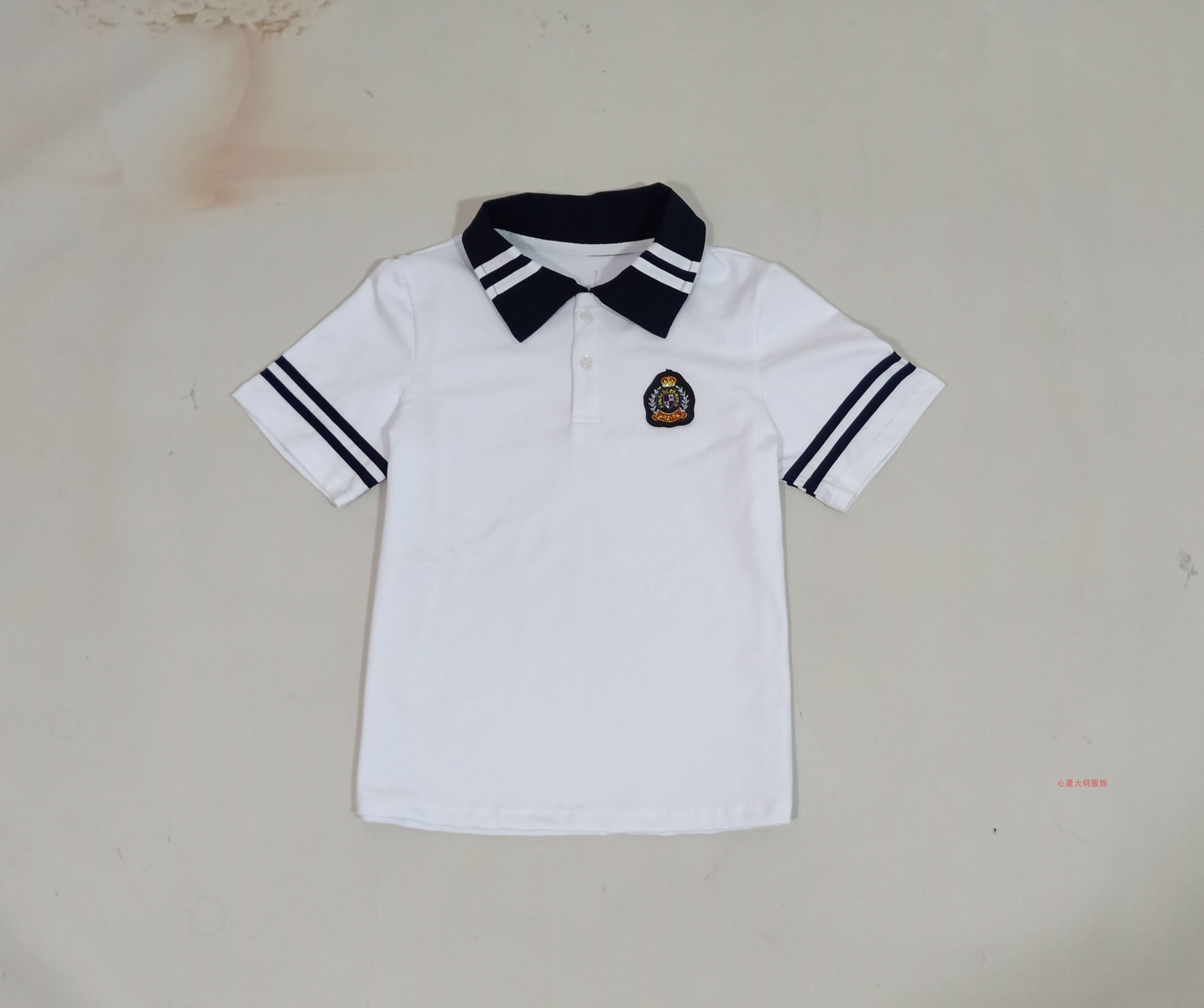夏季薄款纯白色校服短袖男女生同款藏蓝色领子校服仿制