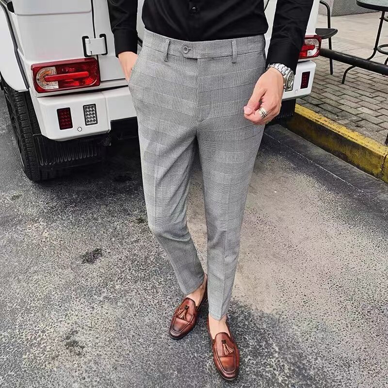 黑白千鸟格子西裤男商务休闲英伦风小西裤男春秋修身小脚大码免烫