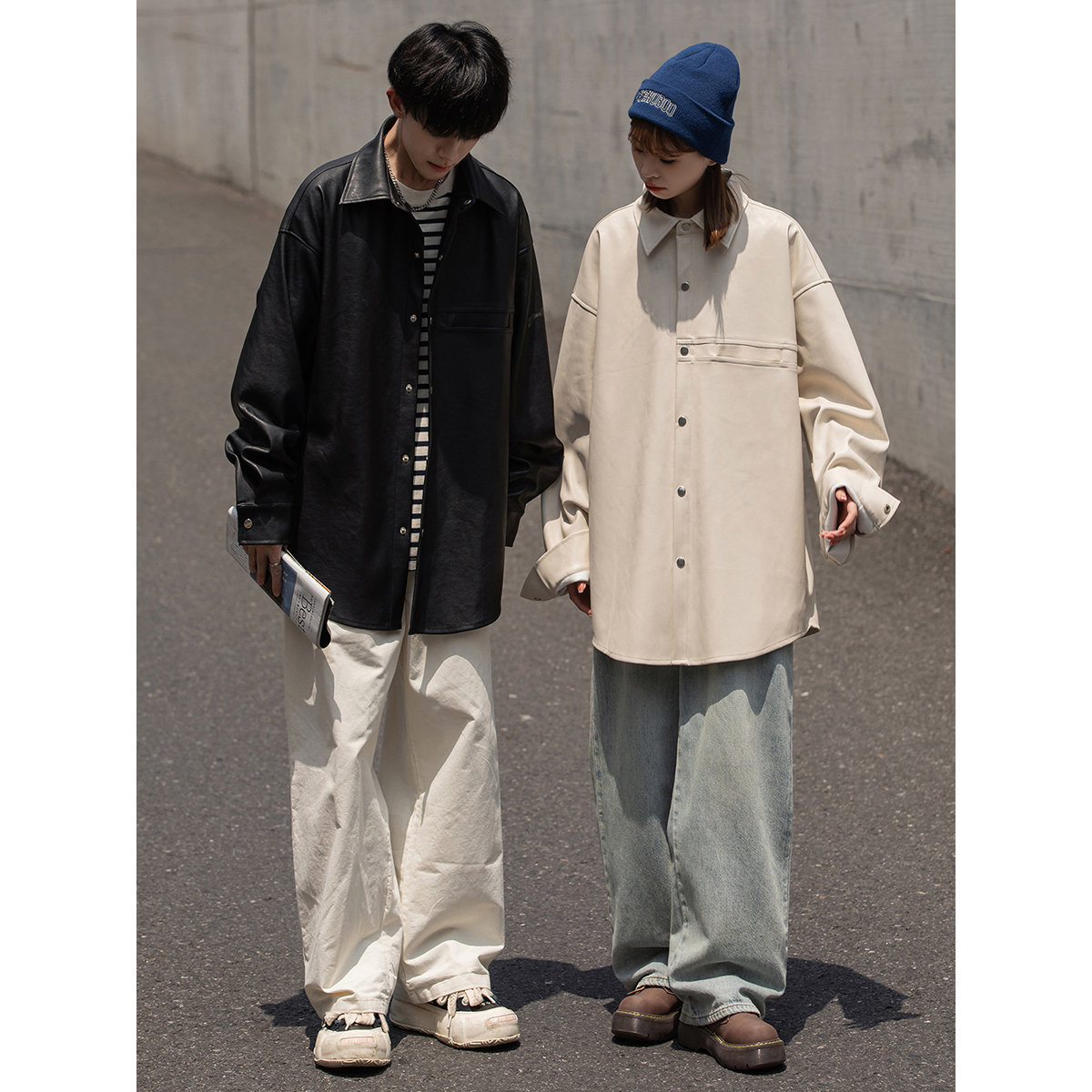 New 23 year autumn outfit solid color loose PU leather shirt jacket unisex 2308-P75_voghion.com