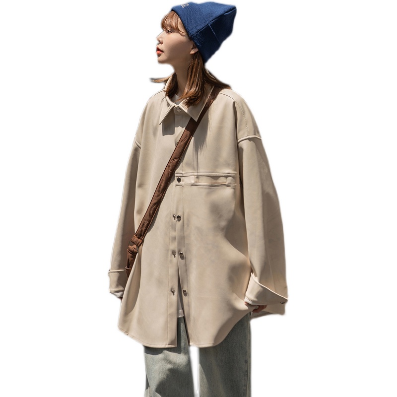 New 23 year autumn outfit solid color loose PU leather shirt jacket unisex 2308-P75_voghion.com