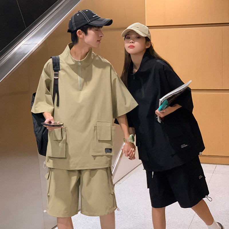 半拉链卫衣男短袖情侣装夏装痞帅男套装潮牌工装短裤157-P78,男装卫衣,星座503-3（原B356）