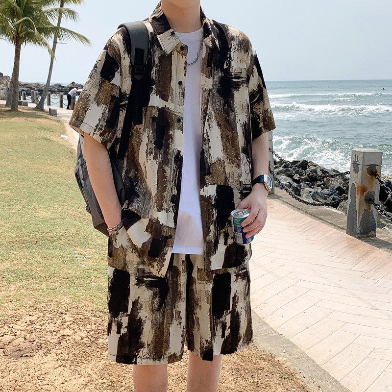 短袖衬衫夏季潮流ins泼墨上衣服两件套休闲宽松男装DZ509-P65,男装T恤,星座503-3（原B356）