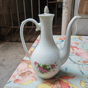 二手磕碰60年代醴陵国光陶瓷酒壶花卉高21.5厘米为人民服务酒瓷壶