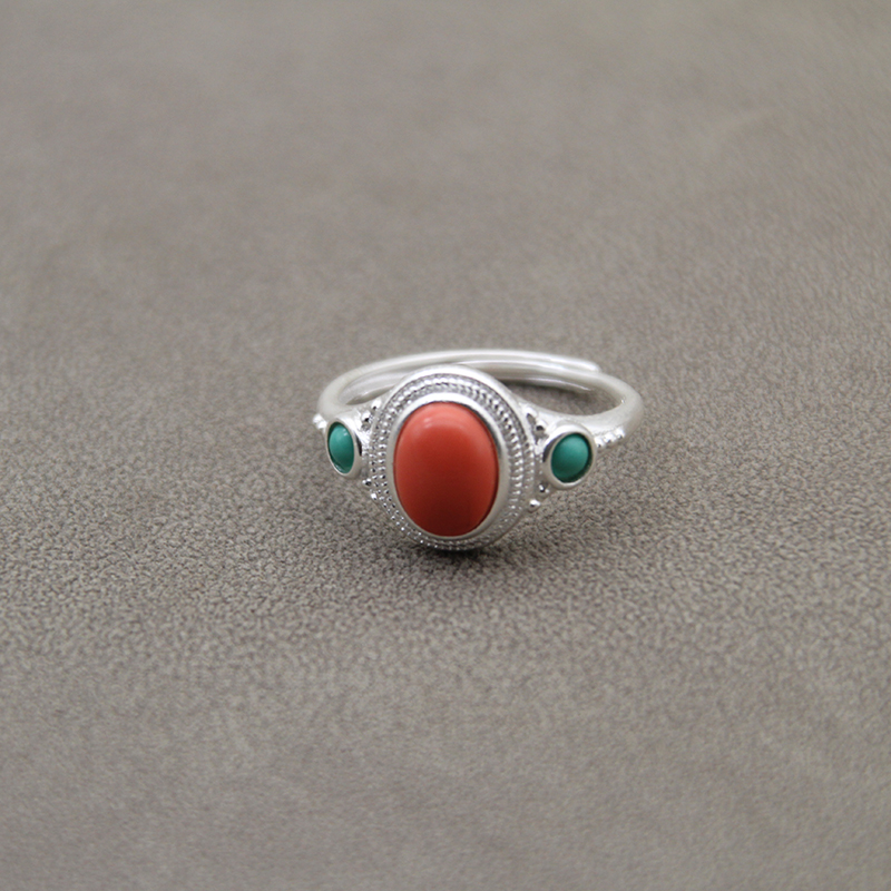 复古风银饰戒指女红绿宝石椭圆形镶嵌小众设计高级感百搭戒指