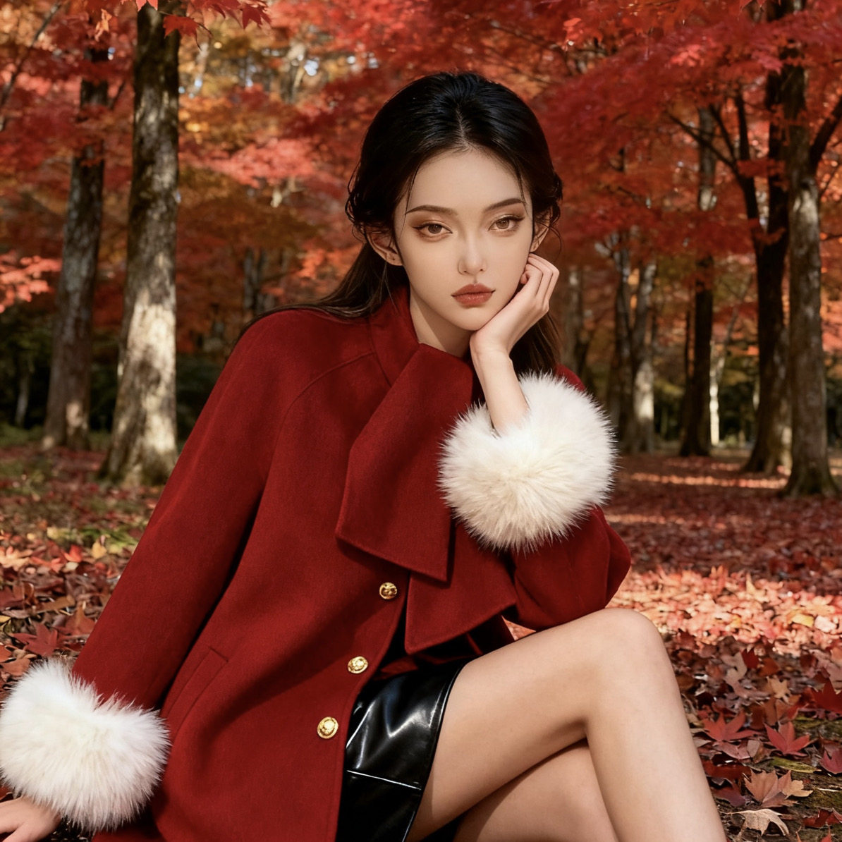 千金风蝴蝶结羊毛毛领斗篷大衣女秋冬红色长款毛呢外套